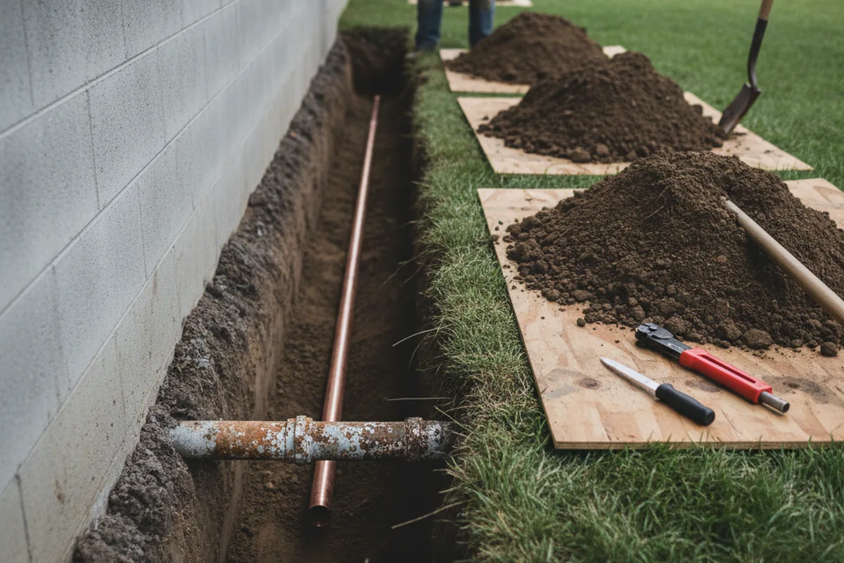 Excavated water line trench during Water Softener Installation in Clinton